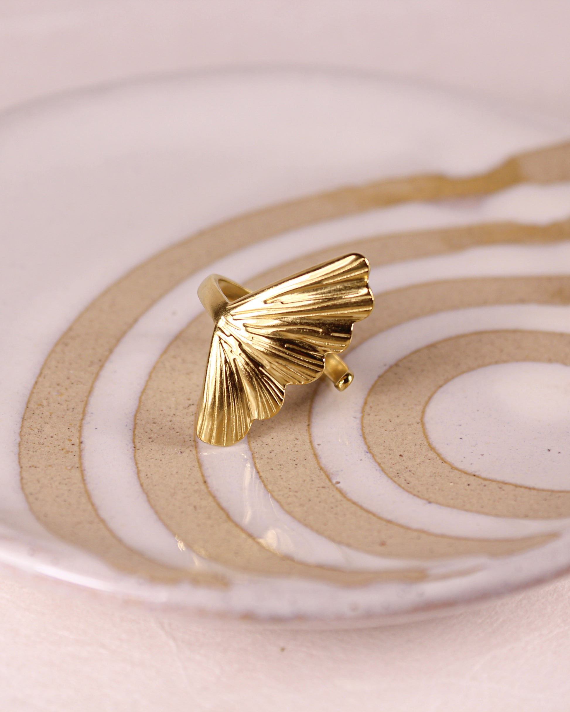 Gold earring on a white dish with concentric circles