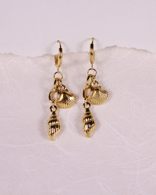 Gold shell-shaped earrings on a light pink surface