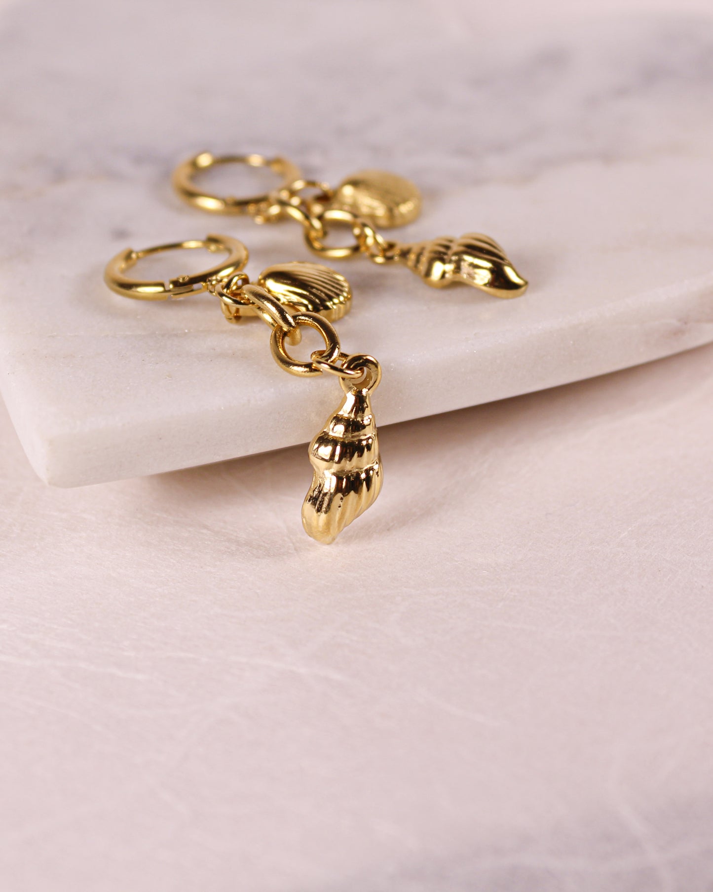 Gold shell-shaped earrings on a light pink surface