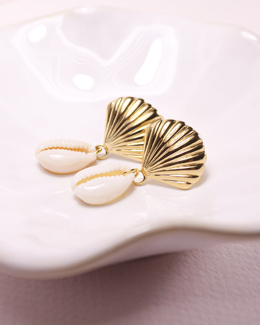 Gold shell-shaped earrings on a white dish